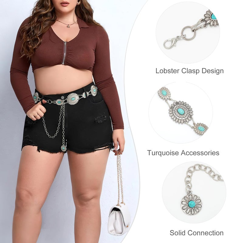 WHIPPY Women Concho Chain Belt Metal Link Western Cowgirl Turquoise Chain Belt for Dress - Image 3