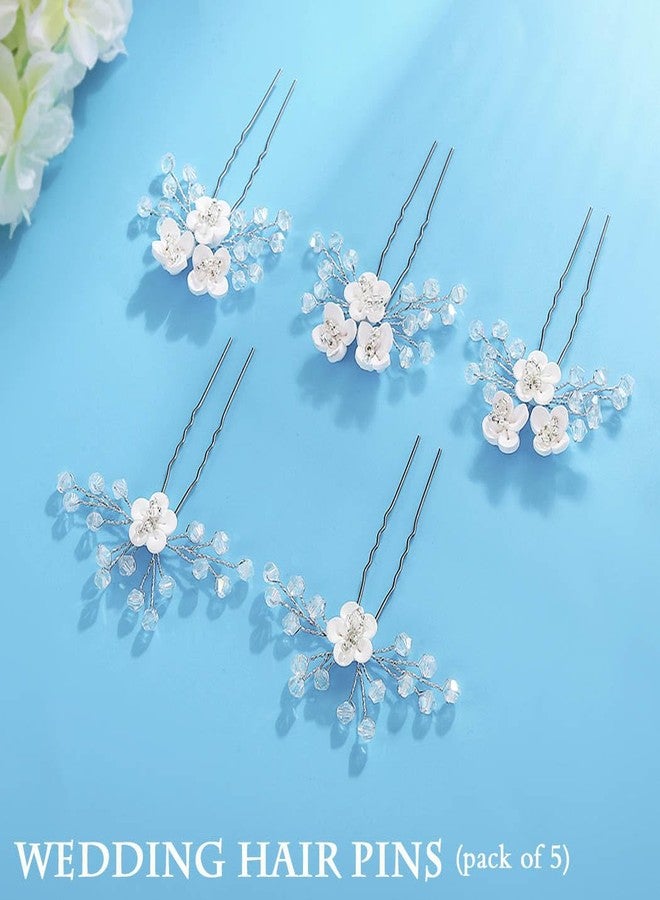 GENBREE 5Pcs Wedding Flower Hair Pins Silver Bridal Hair Piece Crystal Bride Hair Accessories for Women(Pack of 5) - Image 2