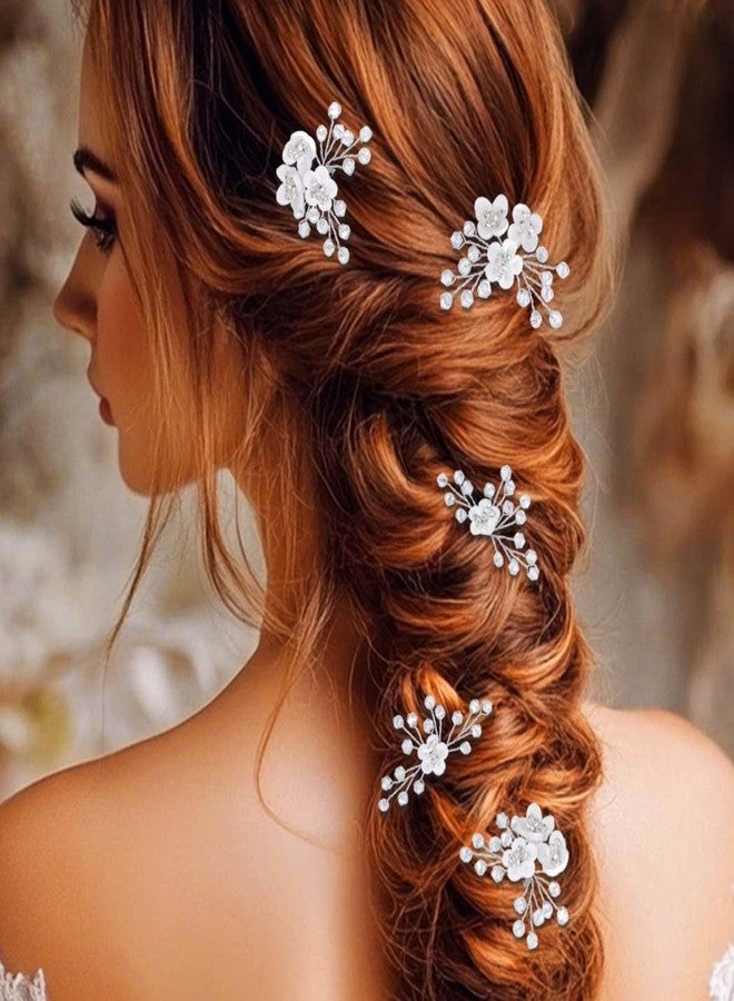 GENBREE 5Pcs Wedding Flower Hair Pins Silver Bridal Hair Piece Crystal Bride Hair Accessories for Women(Pack of 5) - Image 1