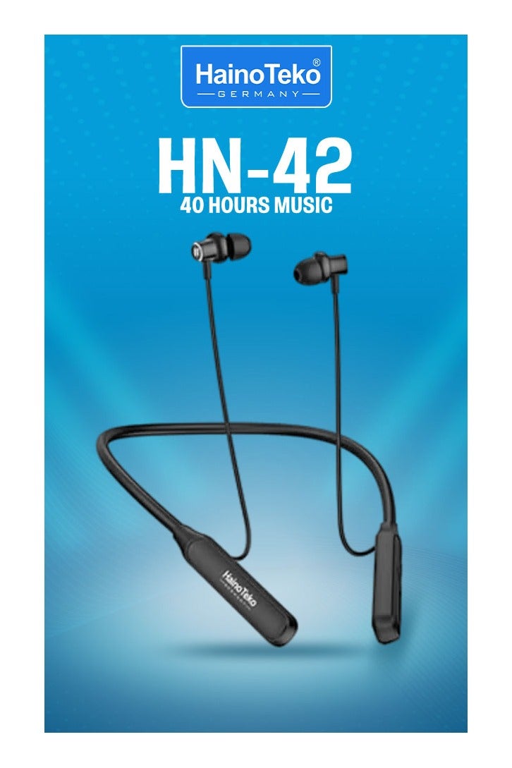 Haino Teko Germany HN-42 Wireless Bluetooth Neckband Headset with Mic, Lightweight Design, Comfortable Fit, Long Battery Life, HD Sound Quality, Magnetic Earbuds, Noise Reduction, Ideal for Calls, Music & Workouts – Black - Image 1