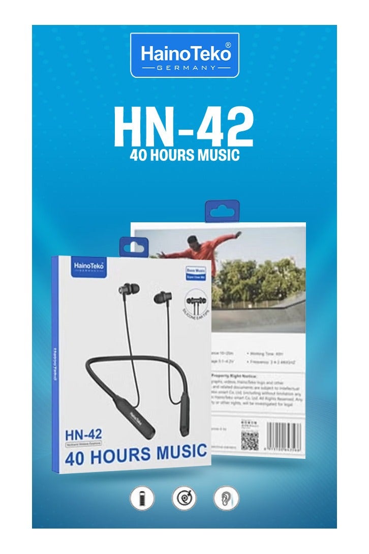 Haino Teko Germany HN-42 Wireless Bluetooth Neckband Headset with Mic, Lightweight Design, Comfortable Fit, Long Battery Life, HD Sound Quality, Magnetic Earbuds, Noise Reduction, Ideal for Calls, Music & Workouts – Black - Image 4