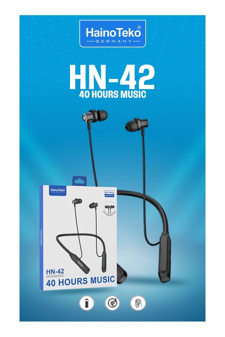 Haino Teko Germany HN-42 Wireless Bluetooth Neckband Headset with Mic, Lightweight Design, Comfortable Fit, Long Battery Life, HD Sound Quality, Magnetic Earbuds, Noise Reduction, Ideal for Calls, Music & Workouts – Black - Image 2