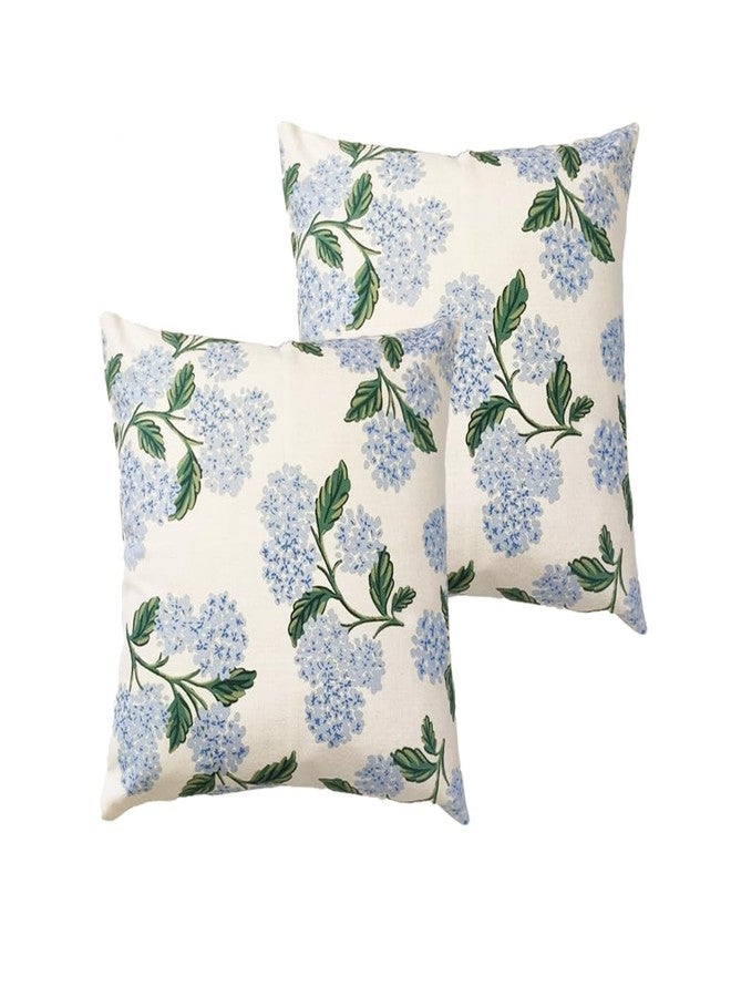 Btyrle Blue Hydrangea Flower Throw Pillow Covers 18x18 Inch Set of 2 Decorative Farmhouse Cotton Linen Floral Pillowcases Square Blue Floral Cushion Covers for Couch Sofa, Cream White - Image 1