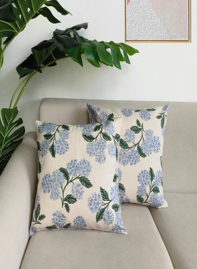 Btyrle Blue Hydrangea Flower Throw Pillow Covers 18x18 Inch Set of 2 Decorative Farmhouse Cotton Linen Floral Pillowcases Square Blue Floral Cushion Covers for Couch Sofa, Cream White - Image 2