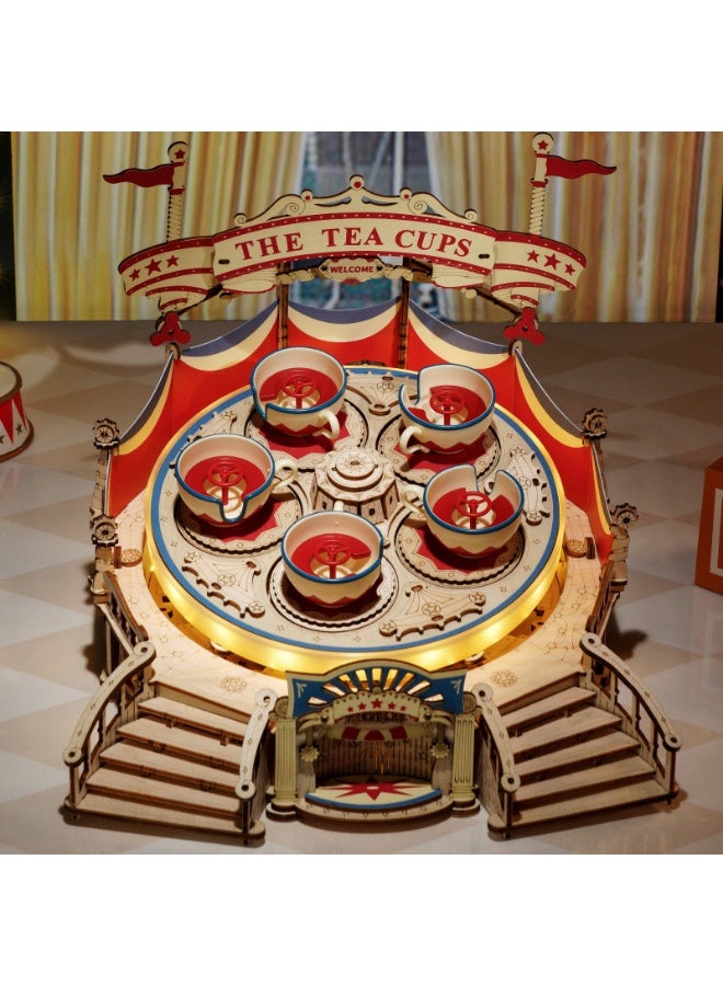 Wooden 3D Puzzle Music Box – The Tea Cups Ride Model, 280PCS DIY Assembly Building Kit for Adults and Teens - Image 1