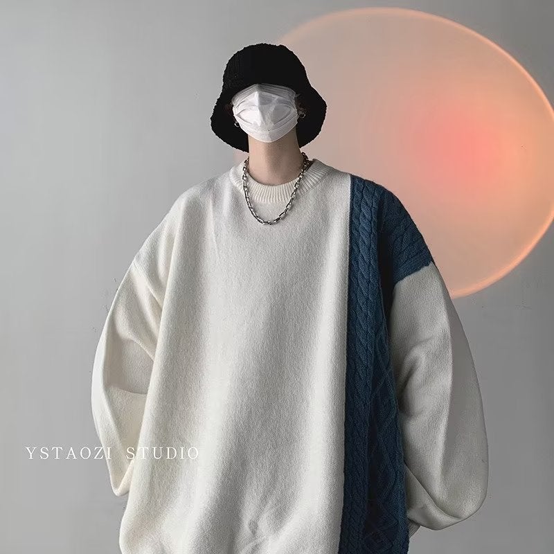 Winter round neck sweater mens American high street fashion brand design stitching contrast color pullover twist sweater loose JCF 574 white and blue 