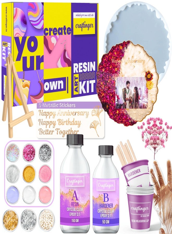 Craftinger Resin Art Photoframe Kit with 300gm Resin & Wooden Stand Acrelic Sticker of Happy Birthday and Happy Anniversary - Image 1