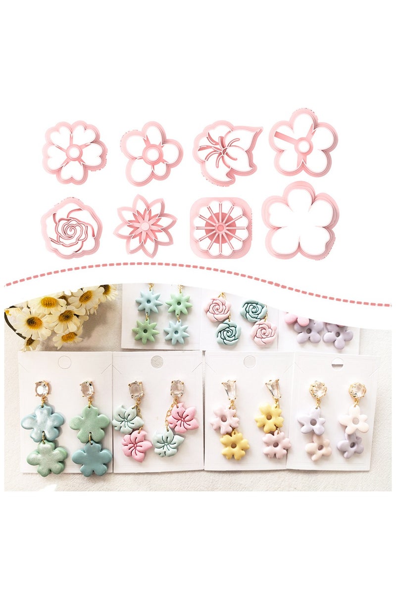 عام مجموعة من 8 قوالب زهور متعددة الأنماط لصنع أقراط الطين اللين، قوالب دقيقة عالية الجودة لتشكيل الزهور بدقة متناهية. - Image 1