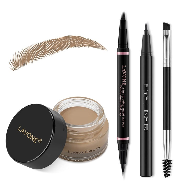 LAVONE Eyebrow Pencil Makeup Kit, with Waterproof 2-IN-1 Microblading Eyebrow Pen, Eyebrow Pomade, Eyeliner and Dual-ended Eyebrow Brush, Brow Pencil Kit for Natural Eyebrows - Taupe - Image 1