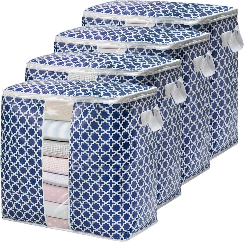 Wollar 4 Pcs Large Clothes Storage Bag Organizers, 90L Morocan Print Foldable Storage Containers with Clear Window, Reinforced Handles & Sturdy Zipper for King Comforter, Bedding Pillow Sheet,(Blue) - Image 1