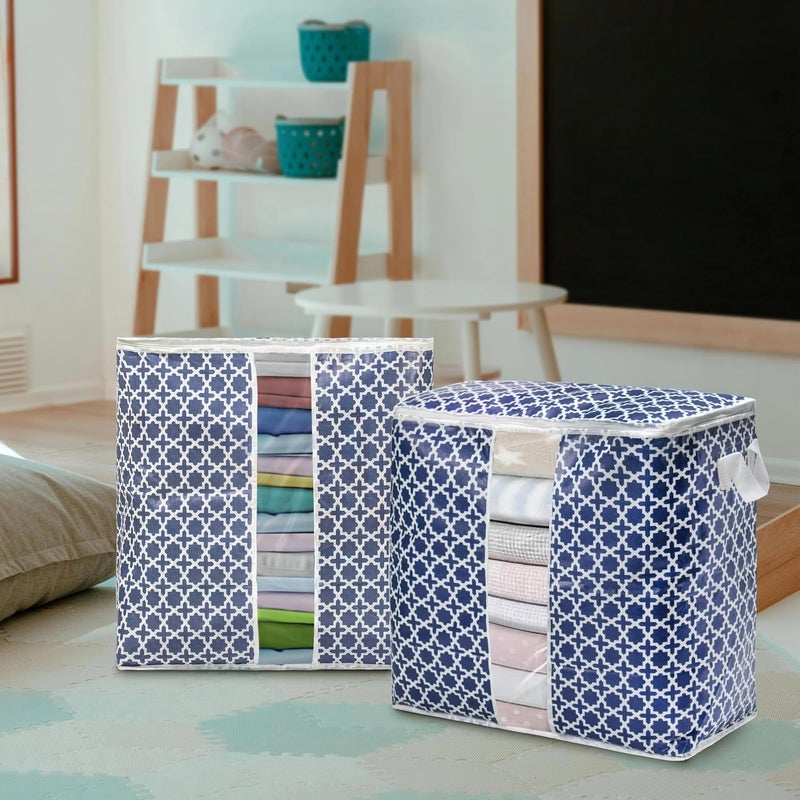 Wollar 4 Pcs Large Clothes Storage Bag Organizers, 90L Morocan Print Foldable Storage Containers with Clear Window, Reinforced Handles & Sturdy Zipper for King Comforter, Bedding Pillow Sheet,(Blue) - Image 4
