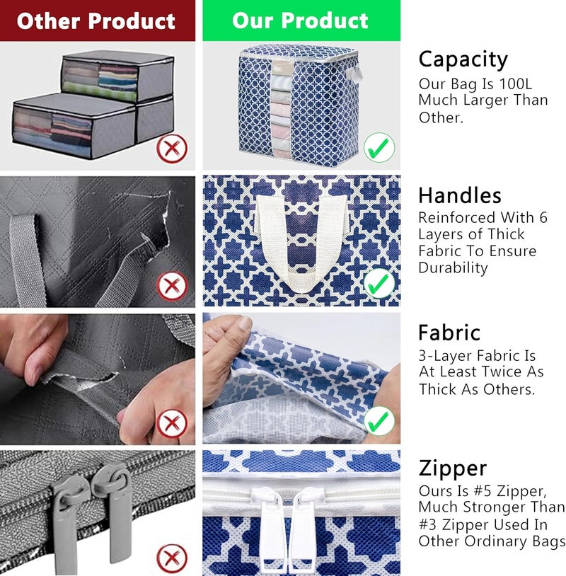 Wollar 4 Pcs Large Clothes Storage Bag Organizers, 90L Morocan Print Foldable Storage Containers with Clear Window, Reinforced Handles & Sturdy Zipper for King Comforter, Bedding Pillow Sheet,(Blue) - Image 5