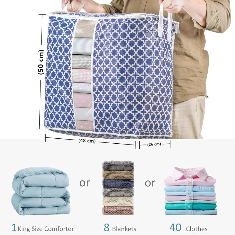 Wollar 4 Pcs Large Clothes Storage Bag Organizers, 90L Morocan Print Foldable Storage Containers with Clear Window, Reinforced Handles & Sturdy Zipper for King Comforter, Bedding Pillow Sheet,(Blue) - Image 3