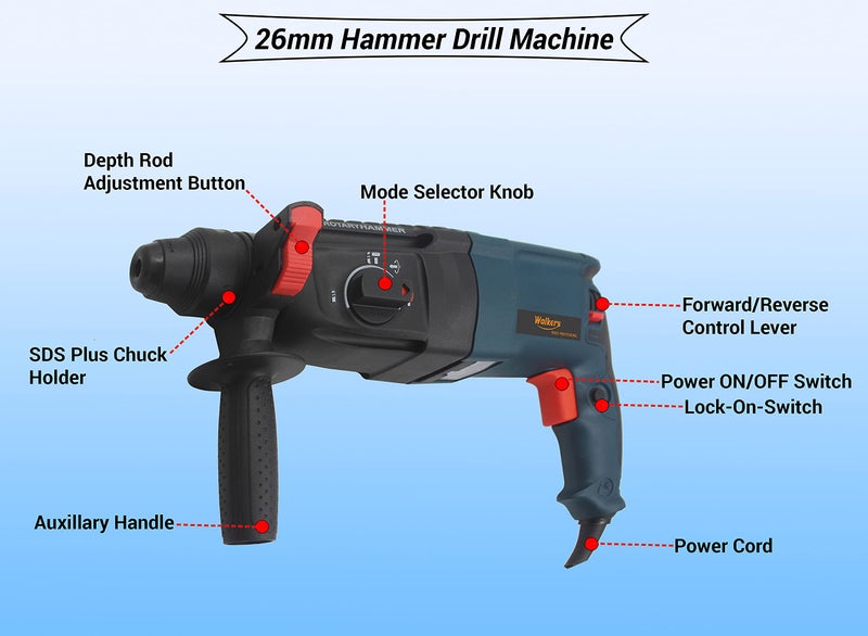 Walker's Walkers WHD26DG2 Impact Drill Machine Forward/Reverse Rotaion with 5 Bits, 13mm Chuck, SDS for Making Holes in Metal/Wood/Concrete Hammer Drill (26 mm Chuck Size, 1200 W), Dark Green) - Image 2