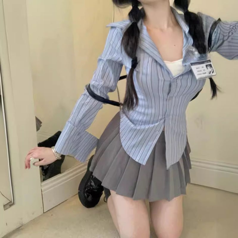 College style suit striped waist long sleeve shirt top women's summer skirt pleated skirt skirt two-piece set - Image 3