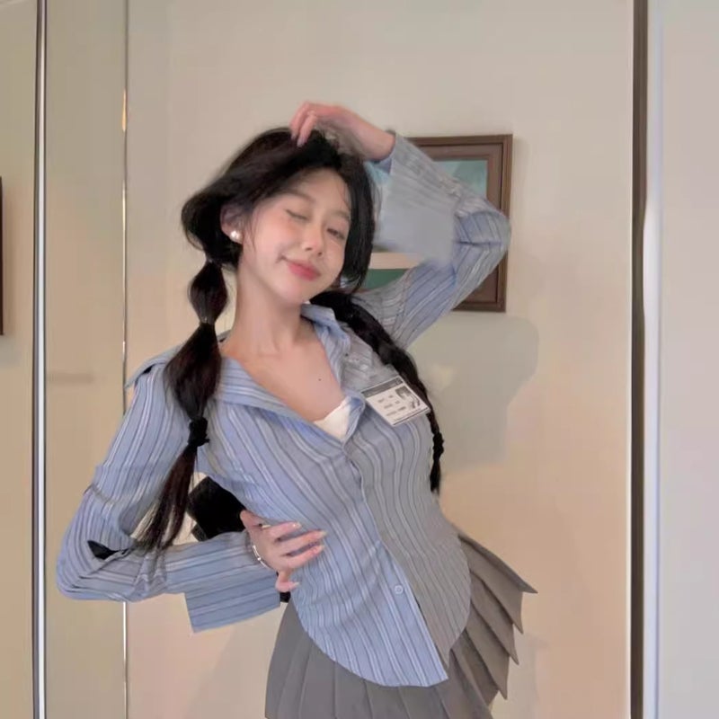 College style suit striped waist long sleeve shirt top women's summer skirt pleated skirt skirt two-piece set - Image 2