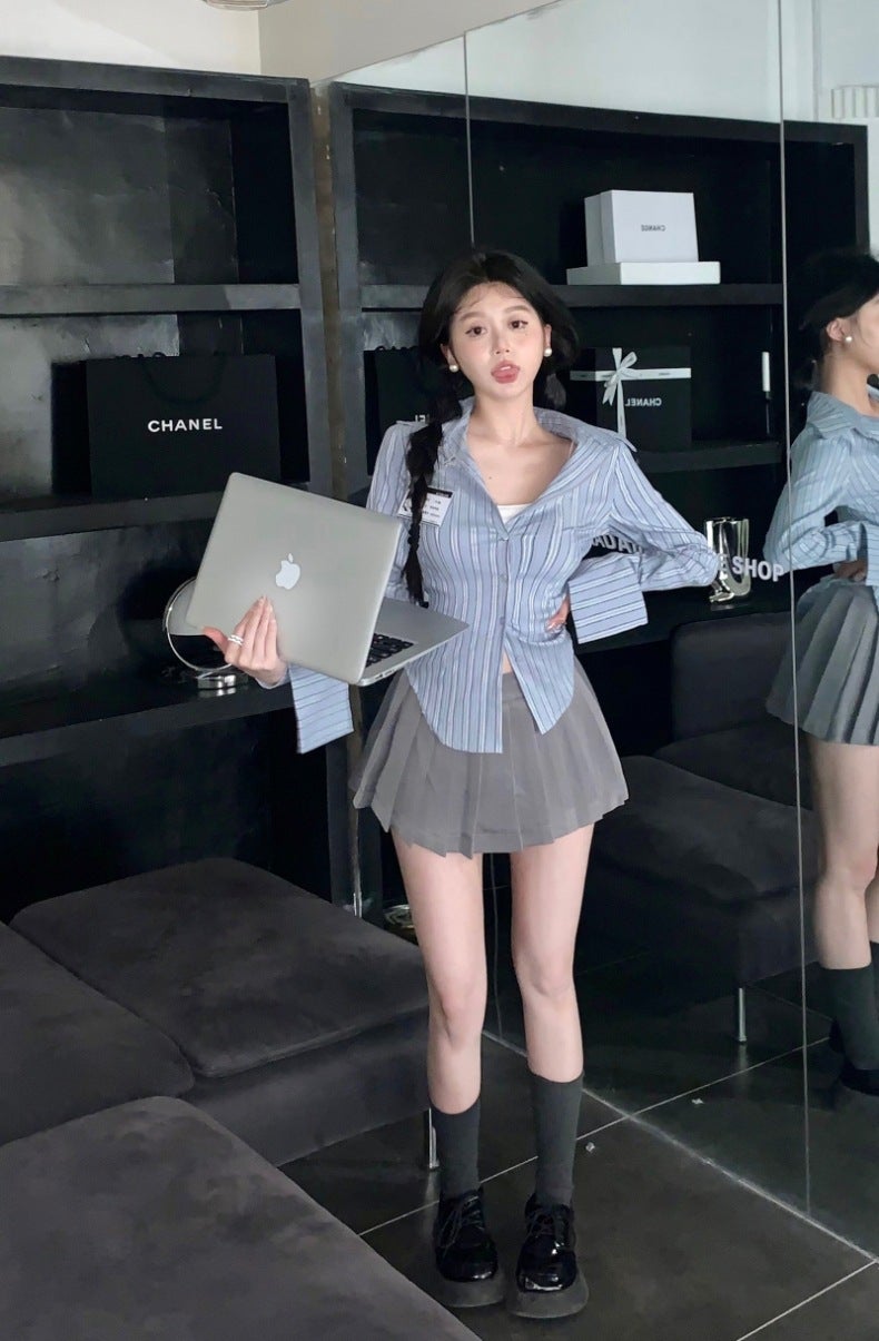 College style suit striped waist long sleeve shirt top women's summer skirt pleated skirt skirt two-piece set - Image 1