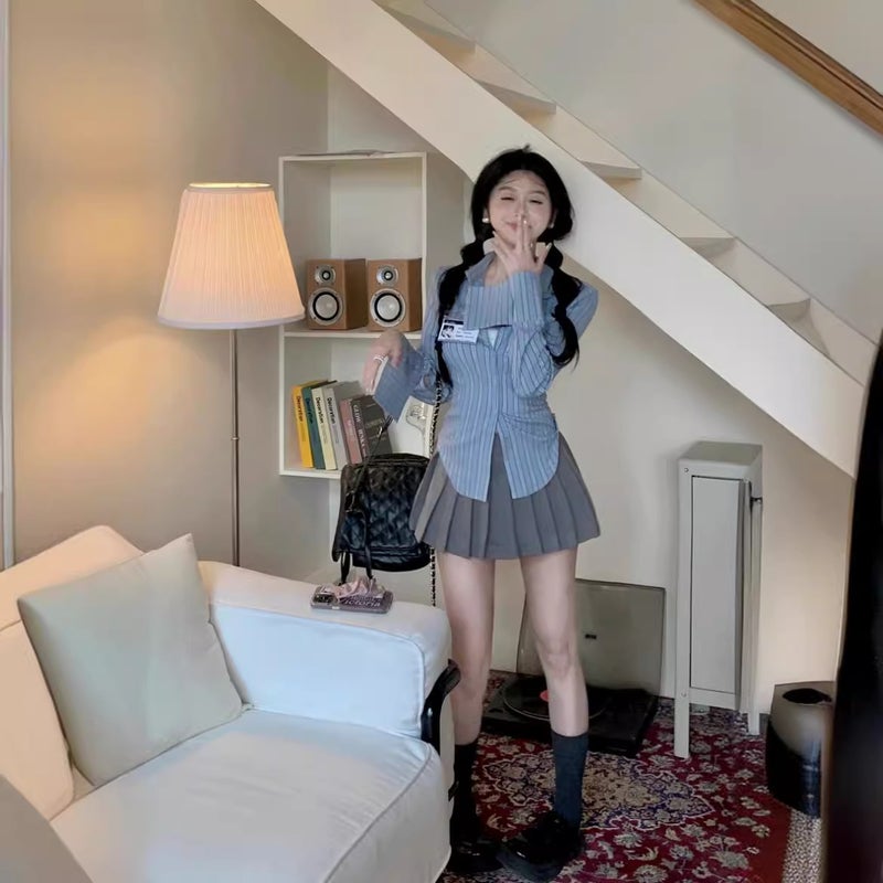 College style suit striped waist long sleeve shirt top women's summer skirt pleated skirt skirt two-piece set - Image 4