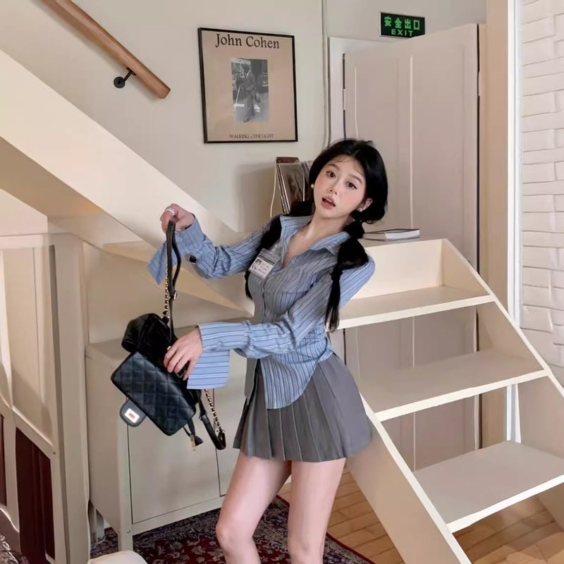 College style suit striped waist long sleeve shirt top women's summer skirt pleated skirt skirt two-piece set - Image 5