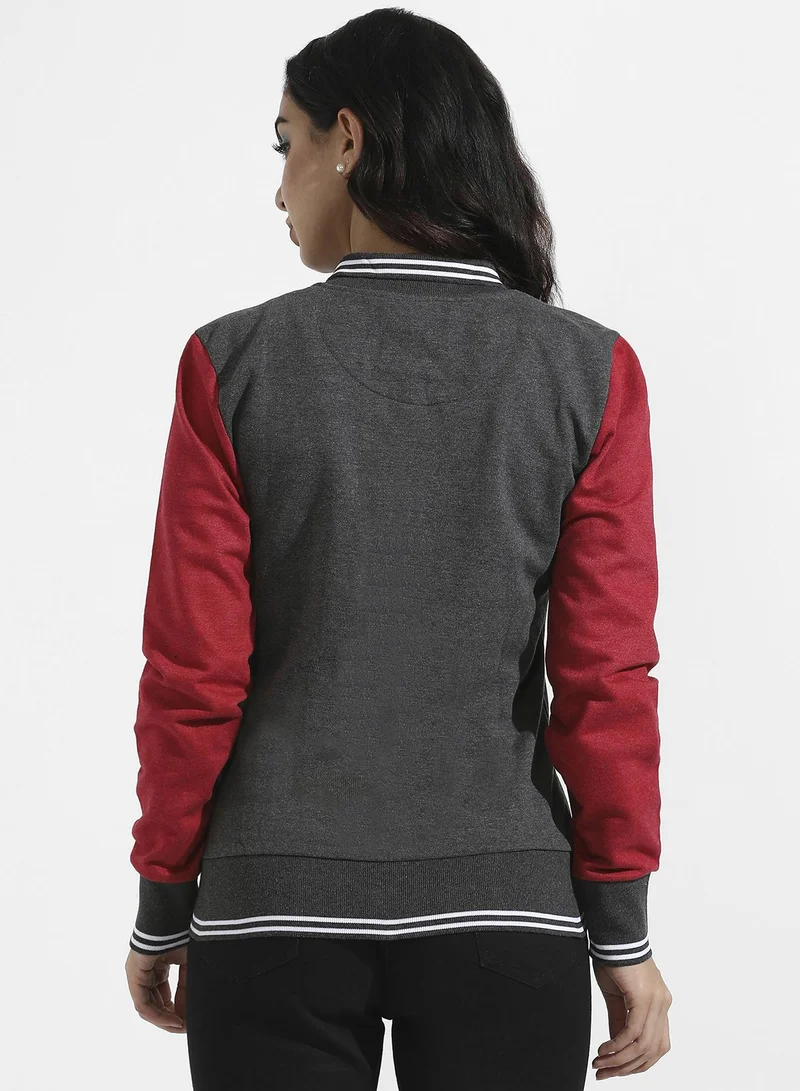 كامبوس سوترا Women's Grey & Red Colourblock Jacket With Insert Pockets