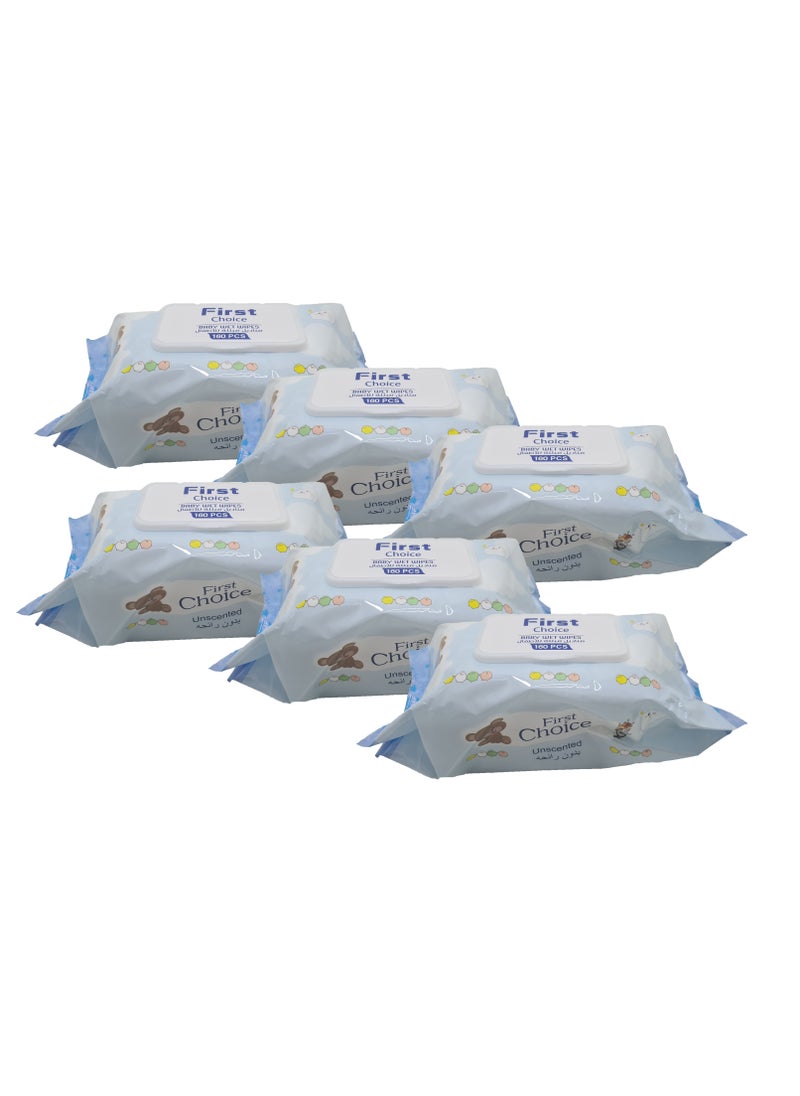 First Choice 6 Packs of Baby Wet Wipes Unsented 160 Wipes in Each 