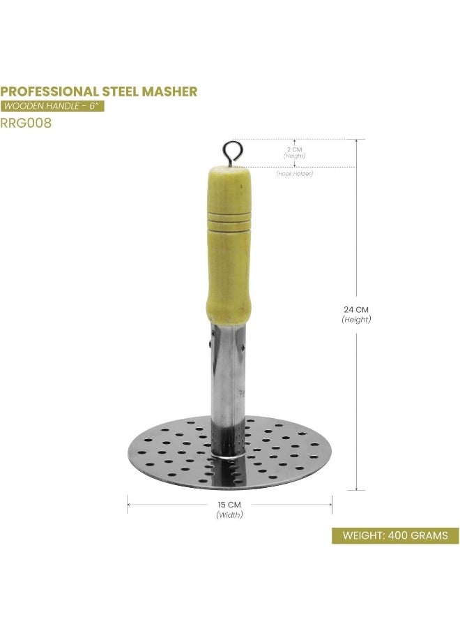 RAJ RAJ STEEL POTATO MASHER WOODEN HANDLE, RRG008, 6", POTATO MASHER, VEGETABLE MASHER, BHAJI MASHER  - Image 4