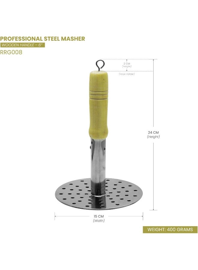 RAJ هراسة البطاطس من راج ستيل بمقبض خشبي، RRG008، 6"، هراسة بطاطس، هراسة خضار، هراسة بهجي - Image 4
