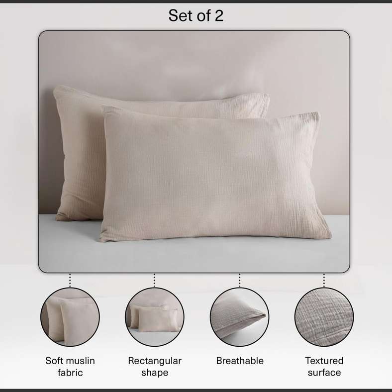 Pan Home طقم أغطية وسائد موسلين ناعمة كريمية - بيج طبيعي - Image 4