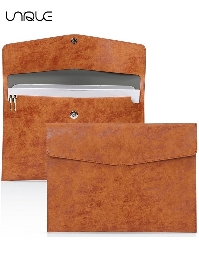 Unique File Folder, PU Leather A4 Document Holder Organizer Filing Envelope Portfolio Case Tablet Sleeve with Magnetic Snap Closure for Home School Office Stationery (Brown) - Image 1