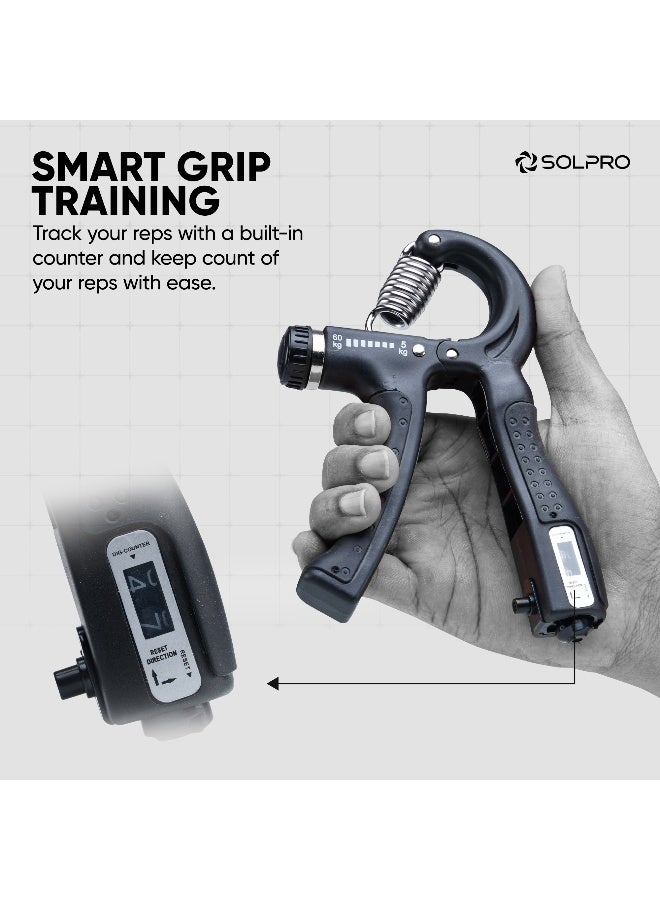 SOLPRO Velgrip Adjustable Hand Grip Strengthener with Mechanical Counter for Men & Women | Adjustable 5 to 60 kg Resistance | Forearm, Wrist & Finger Strengthener | Home, Gym & Rehab Workouts (Black) - Image 3