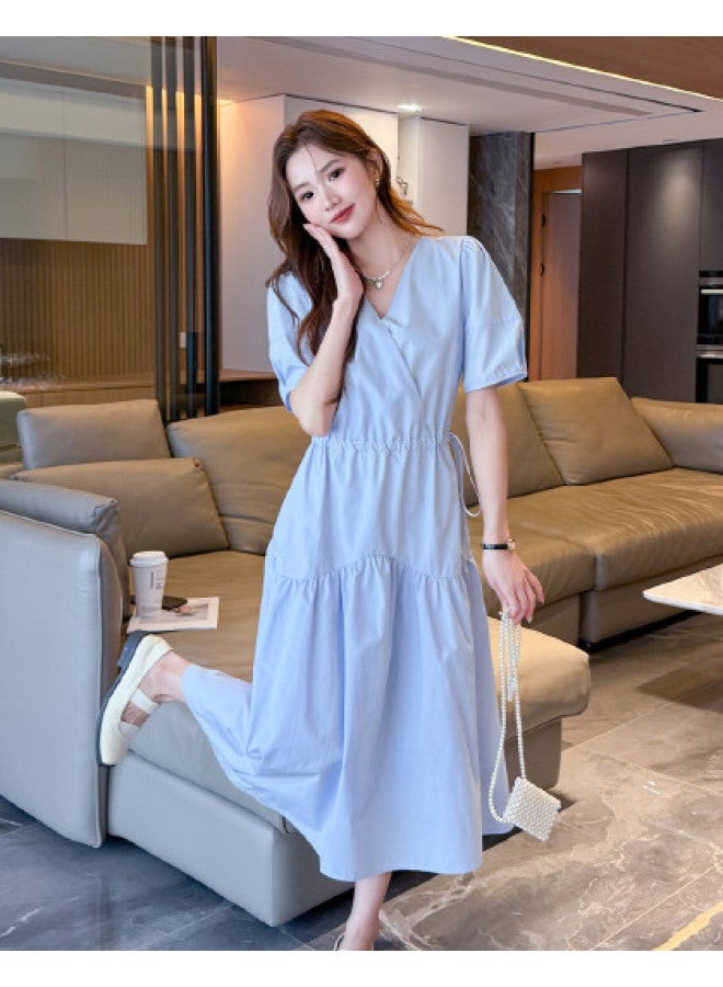 TonLion 2025 Summer Women's V-neck Short Sleeve Dress Solid Color Waist-cinching Design Versatile Elegant Maxi Dress - Image 1