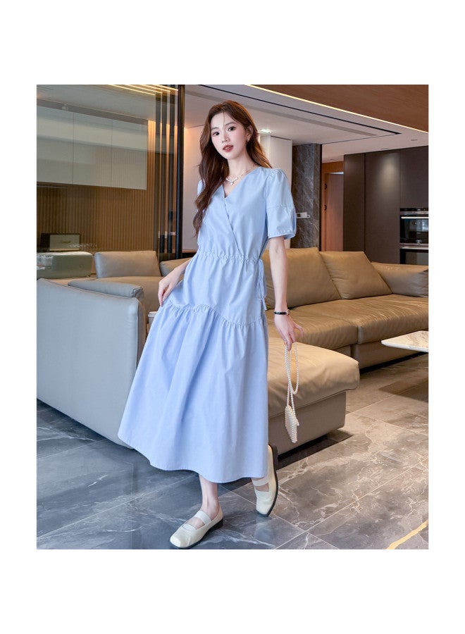 TonLion 2025 Summer Women's V-neck Short Sleeve Dress Solid Color Waist-cinching Design Versatile Elegant Maxi Dress - Image 4