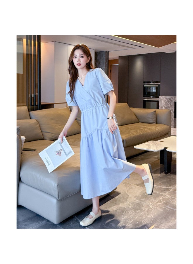 TonLion 2025 Summer Women's V-neck Short Sleeve Dress Solid Color Waist-cinching Design Versatile Elegant Maxi Dress - Image 5
