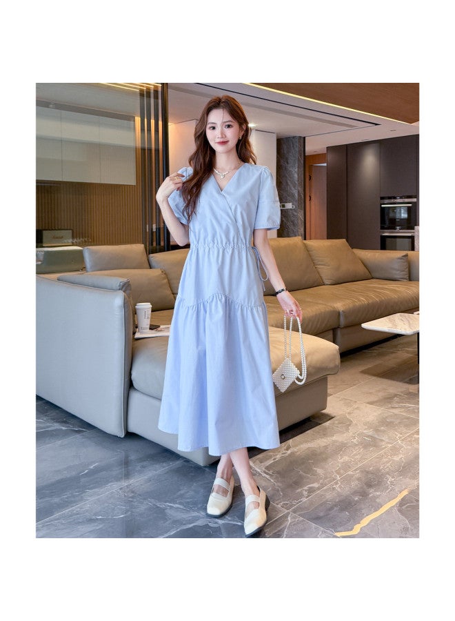 TonLion 2025 Summer Women's V-neck Short Sleeve Dress Solid Color Waist-cinching Design Versatile Elegant Maxi Dress - Image 3