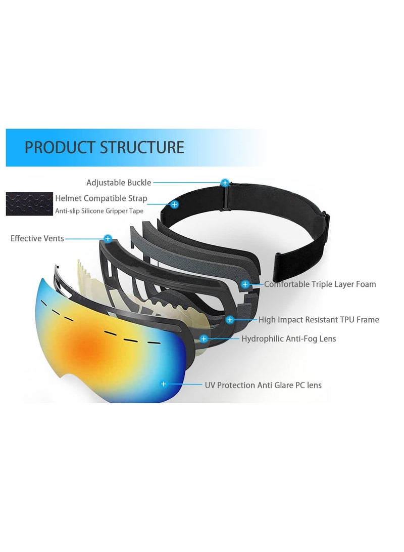 Excefore نظارات التزلج، نظارات التزلج على الجليد للرياضات الشتوية، عدسة كروية قابلة للتبديل مضادة للضباب بدون إطار، معدات تزلج للحماية من الأشعة فوق البنفسجية بنسبة 100% - Image 2