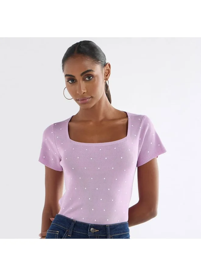 FAV Textured Square Neck T-shirt with Short Sleeves