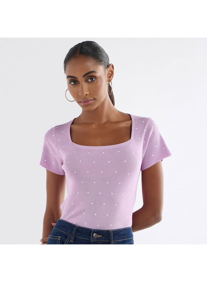Splash FAV Textured Square Neck T-shirt with Short Sleeves - Image 1