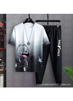 Summer Cartoon Print Casual Mens Tracksuit Set [Trousers suit] W05 bear White