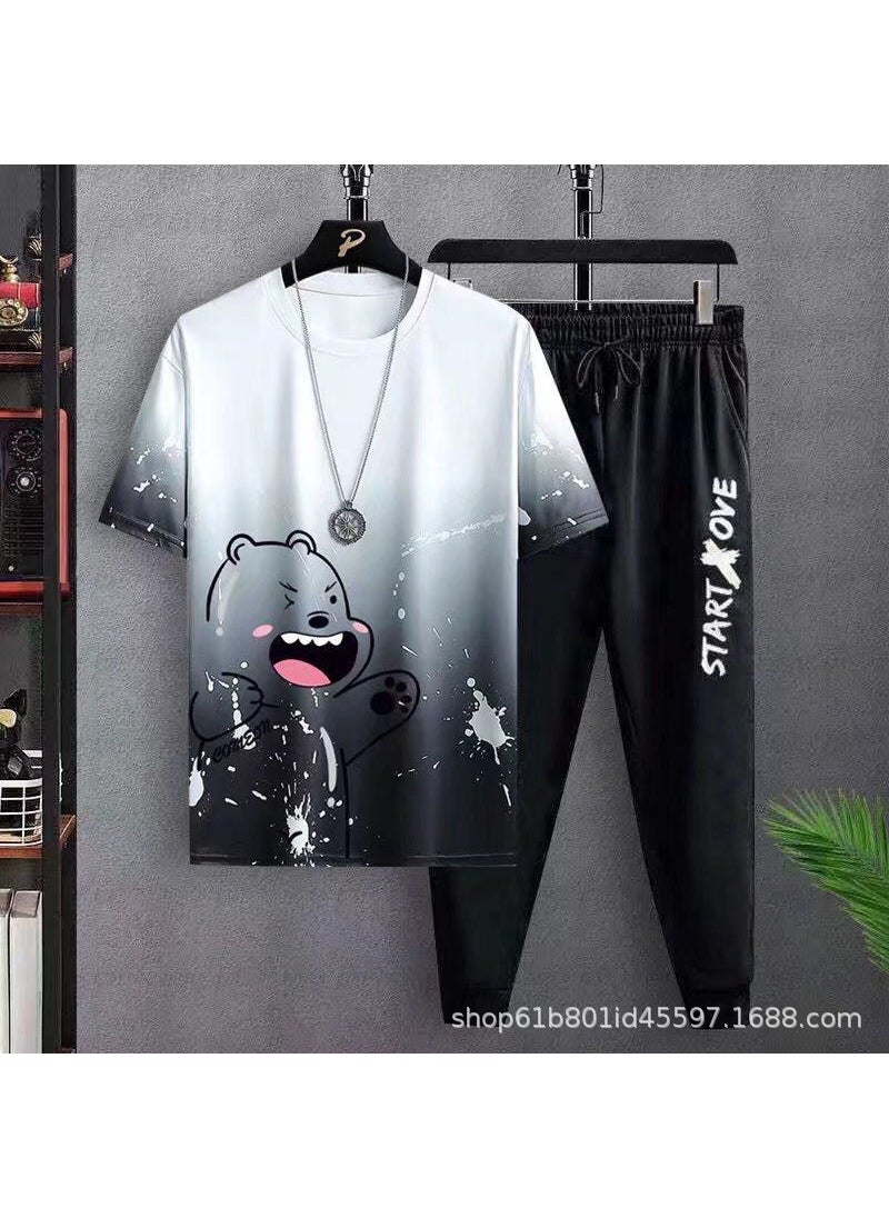 Generic - Summer Cartoon Print Casual Mens Tracksuit Set [Trousers suit] W05 bear White - Image 1