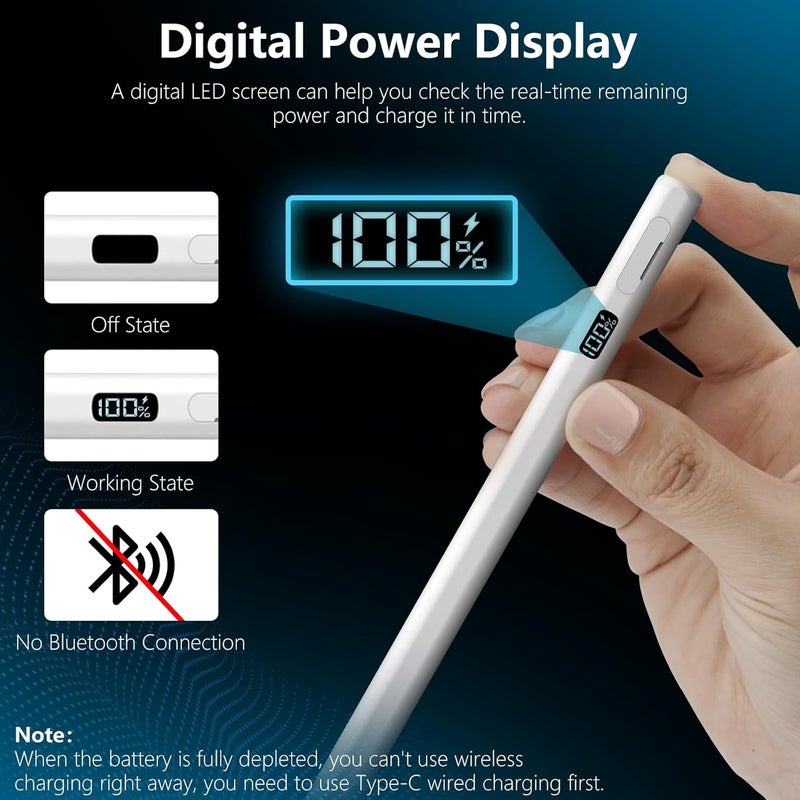 DIGIROOT Stylus Pen for iPad 2018-2026, USB-C 15 Mins Fast Charge iPad Pencil with Magnetic Wireless Charging, LED Battery Display, Palm Rejection, Tilt Sensitivity for iPad Pro Air Mini 6th-10th Gen - Image 5
