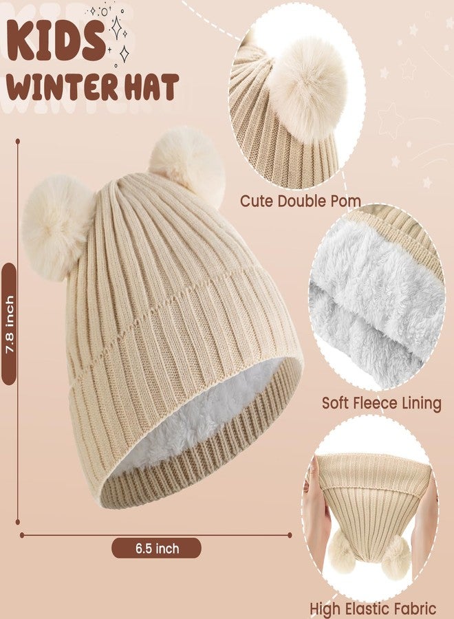 Tavaleu Kids Winter Beanie Hat Scarf Gloves Set Knit Warm Toddler Winter Cap Gloves Neck Warmer for Boys Girls, Beige - Double Pompom, Beige - Double Pompom - Image 2