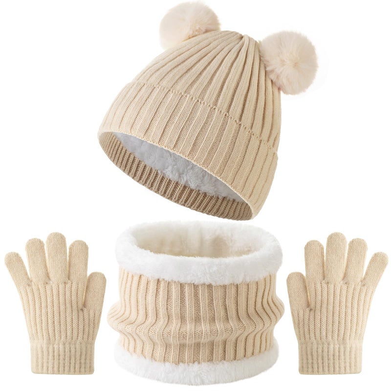 Tavaleu Kids Winter Beanie Hat Scarf Gloves Set Knit Warm Toddler Winter Cap Gloves Neck Warmer for Boys Girls, Beige - Double Pompom, Beige - Double Pompom - Image 1