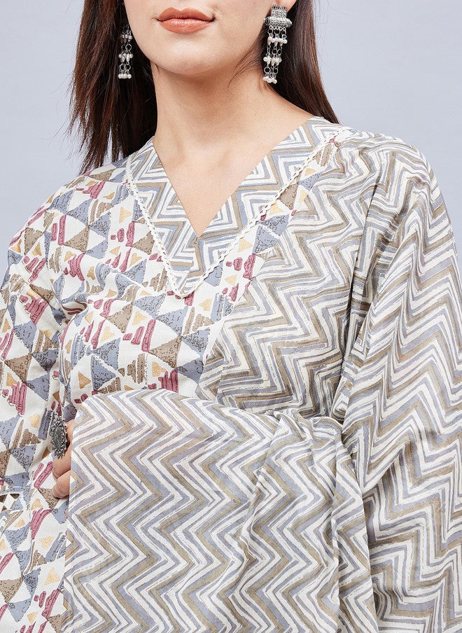 WineRed Geometric Printed Pure Cotton Kurta With Salwar & Dupatta for Women - Image 3