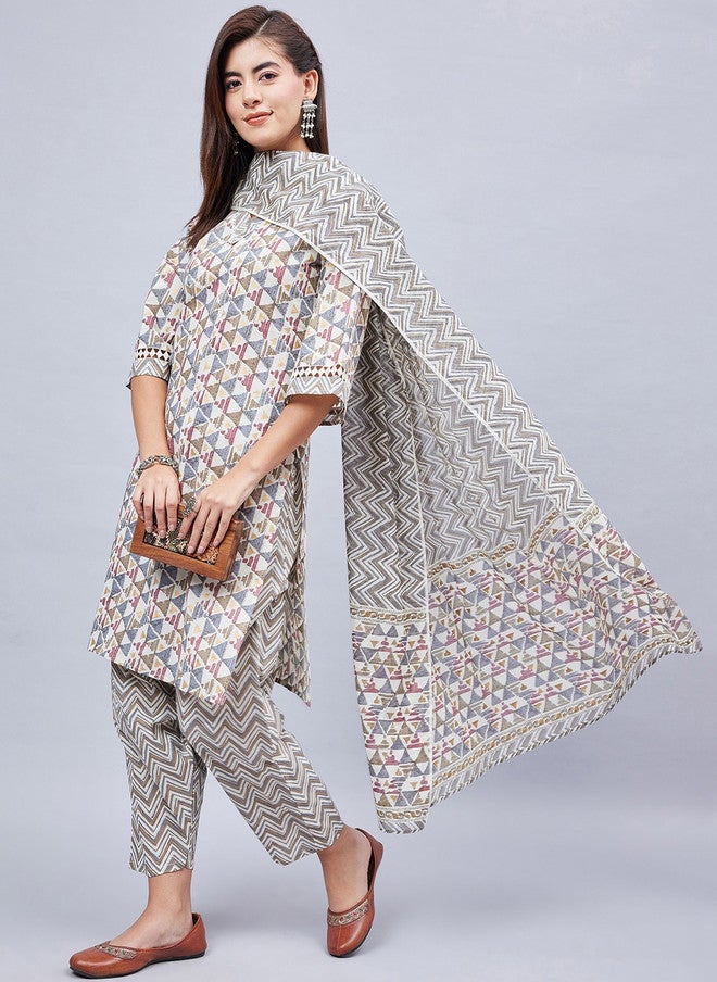 WineRed Geometric Printed Pure Cotton Kurta With Salwar & Dupatta for Women - Image 1