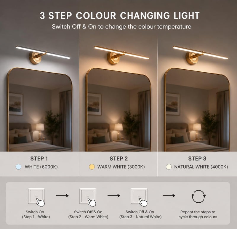 FILLISKA® Modern LED Picture/Dressing/Vanity/Bathroom/Mirror Light with 3 Step Light Mode & Adjustable Head (White,Warm White and Neutral White) (Luxurious Gold-796) - Image 2