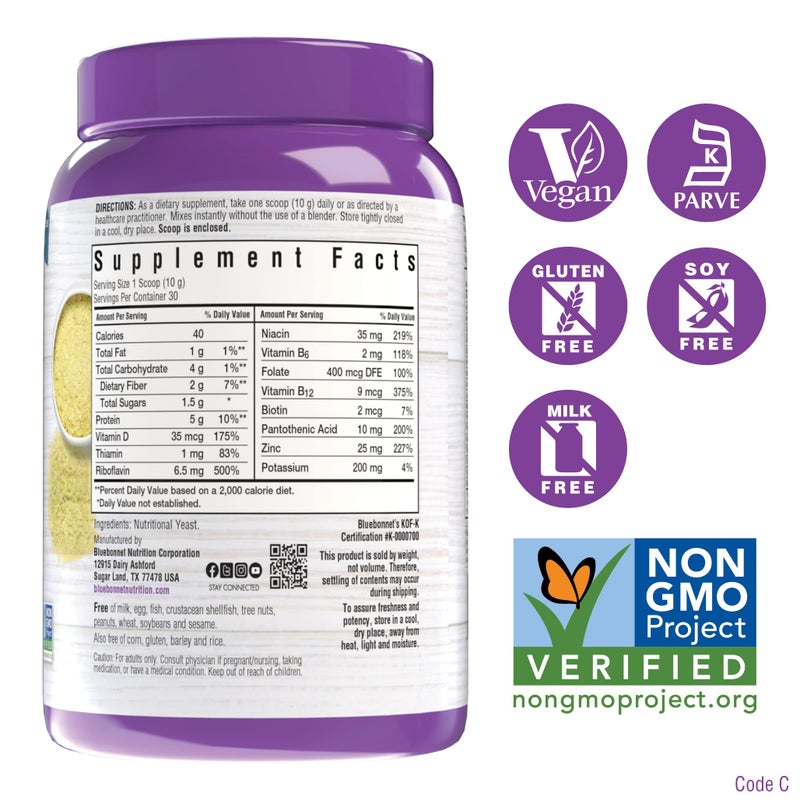 BlueBonnet Nutrition Non-Bitter Nutritional Yeast Flakes - Plant-Sourced Protein, B Vitamins & Vitamin D - Non-GMO, Vegan, Kosher, Gluten-Free, Soy-Free - 10.58 oz, 30 Servings - Image 2