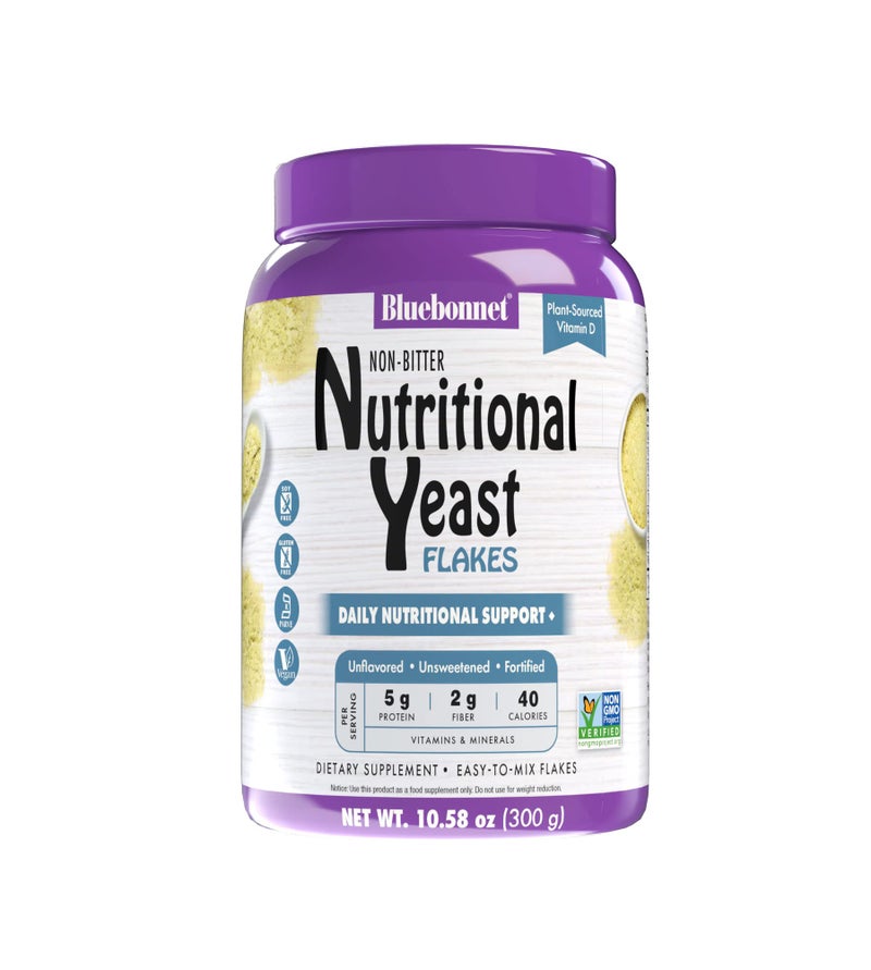 BlueBonnet Nutrition Non-Bitter Nutritional Yeast Flakes - Plant-Sourced Protein, B Vitamins & Vitamin D - Non-GMO, Vegan, Kosher, Gluten-Free, Soy-Free - 10.58 oz, 30 Servings - Image 1