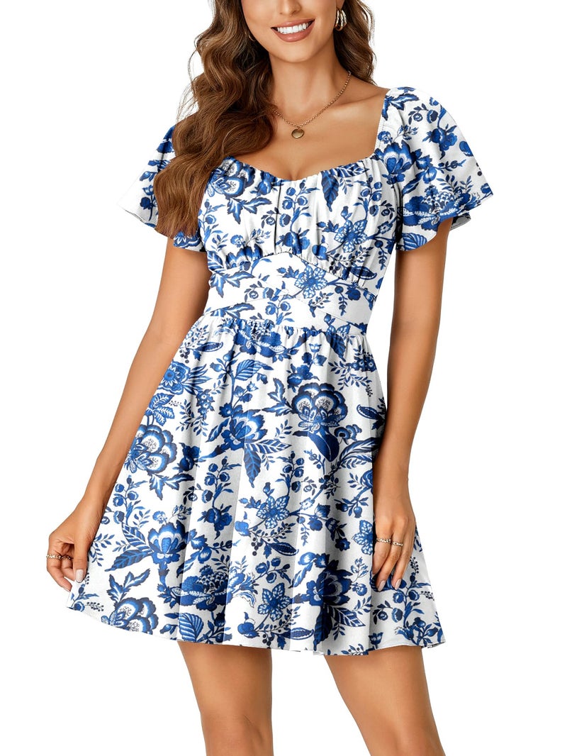 Rooscier Women's Tie Back Square Neck Ruffle Wrap Short Sleeve Flare Mini Dress Navy Blue Floral Medium - Image 2