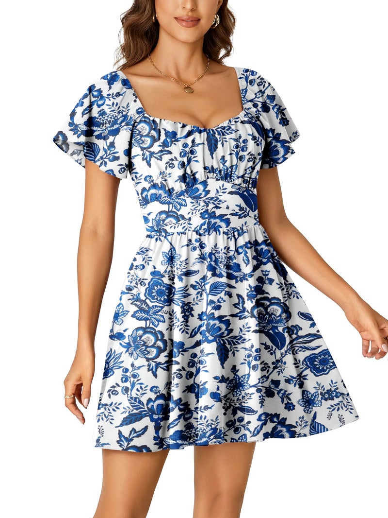 Rooscier Women's Tie Back Square Neck Ruffle Wrap Short Sleeve Flare Mini Dress Navy Blue Floral Medium - Image 4