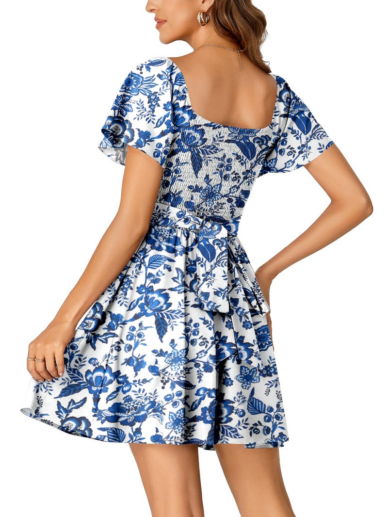 Rooscier Women's Tie Back Square Neck Ruffle Wrap Short Sleeve Flare Mini Dress Navy Blue Floral Medium - Image 5